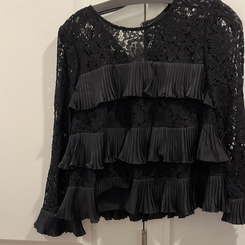 NWOT J Crew black lace and ruffle top
